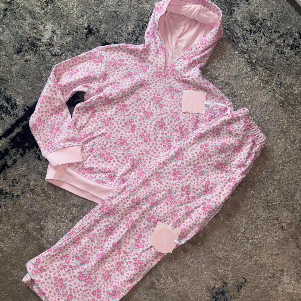 LoveShackFancy hooded sweatshirt matching sweatpants pink floral kids size large